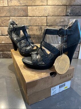 Born Felice Charcoal Strappy Leather Heels